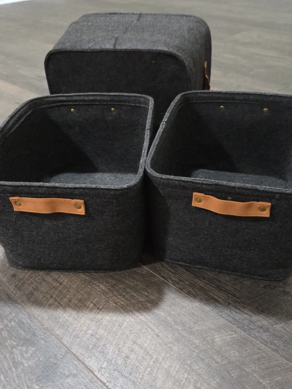 Gray Felt Storage Bins with Tan Leather Handles - Set of 4